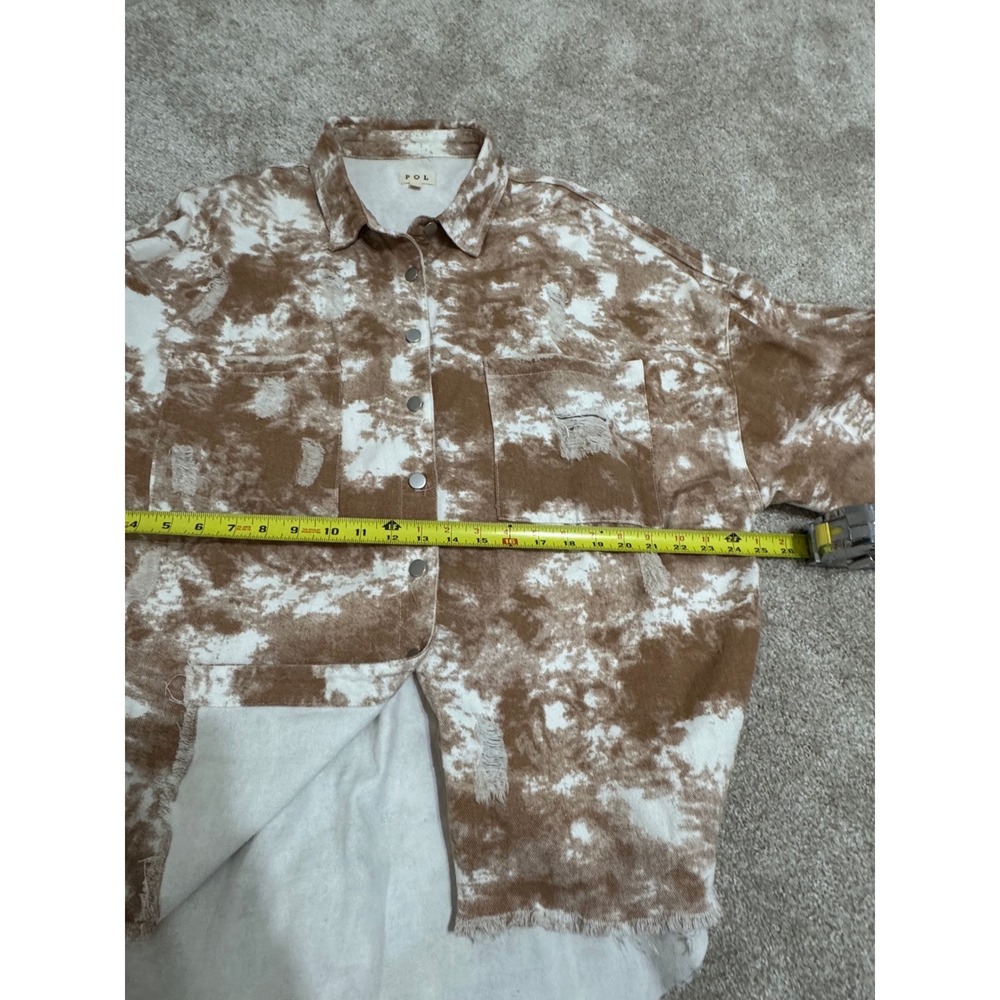 POL Womens Brown Tie Dye Distressed Denim Shacket Oversized Shirt Jacket Large - Picture 12 of 13